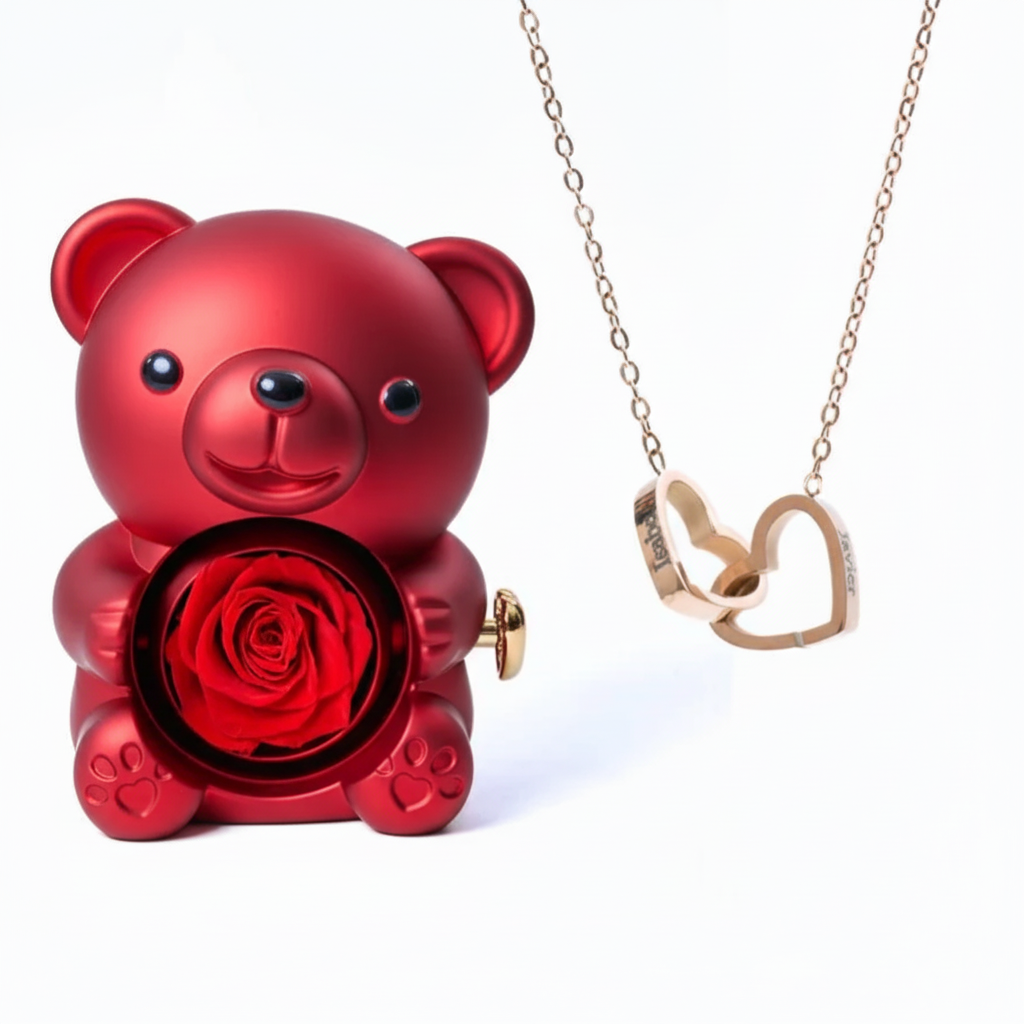 Collier Cœur Gravé & Coffret Ourson