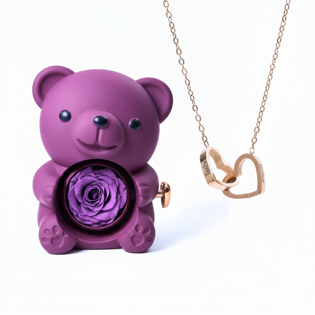Collier Cœur Gravé & Coffret Ourson