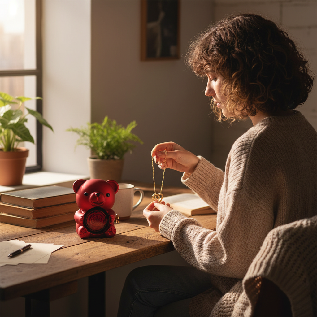 Collier Cœur Gravé & Coffret Ourson